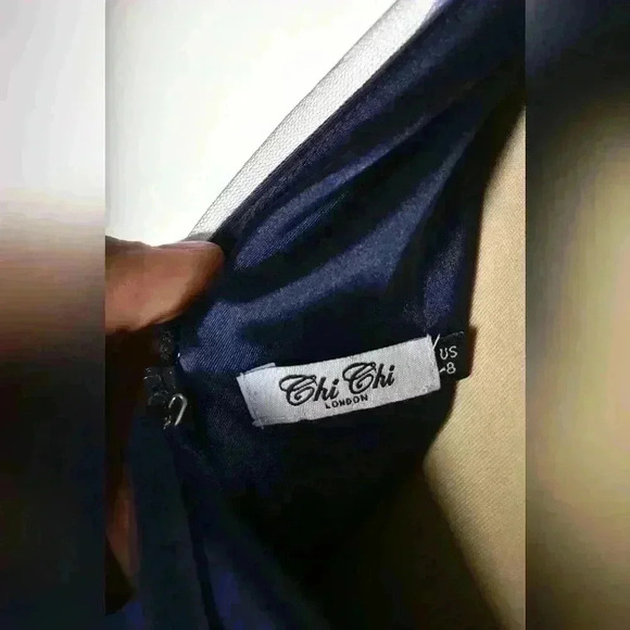 CHI CHI LONDON Navy Asymmetrical Poly Tule Mesh Brides  Plunge Dress 8US Medium - Picture 8 of 9